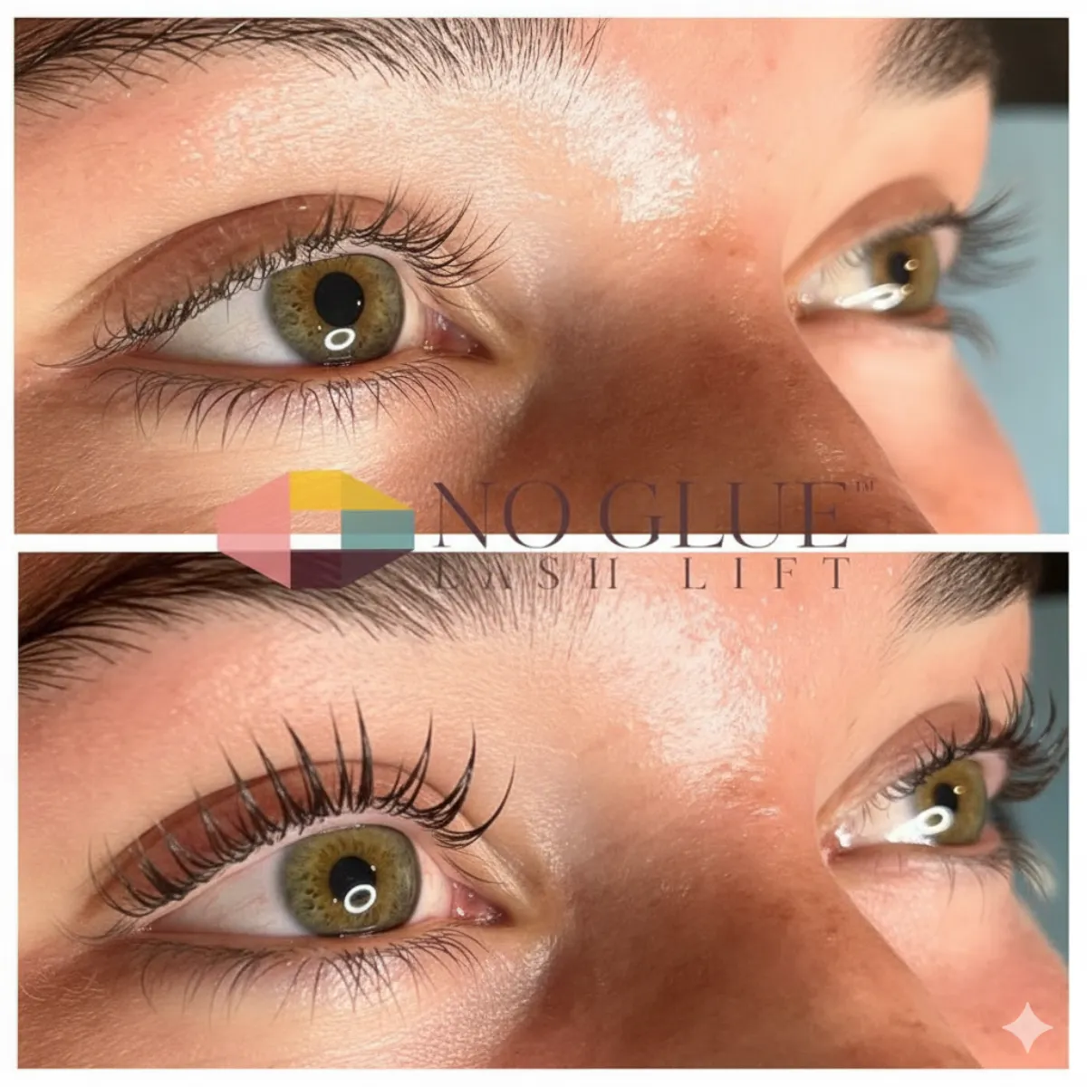 Korean No-Glue Lash Lift before and after — green-hazel eyes, natural lift result