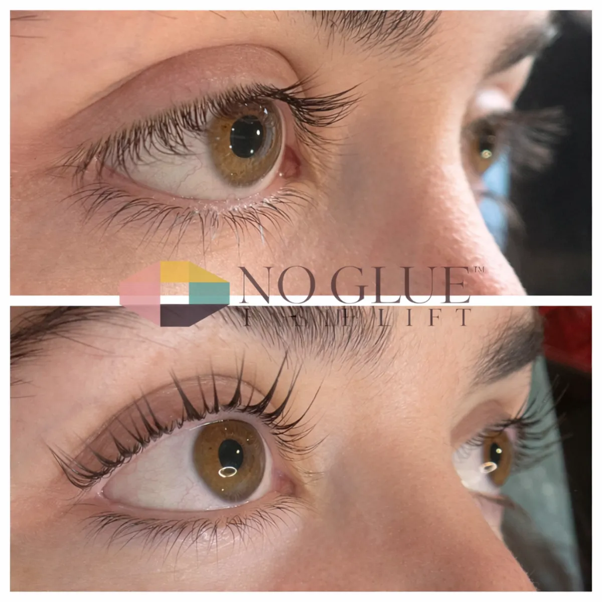 Korean No-Glue Lash Lift before and after — brown eyes, clean natural lift